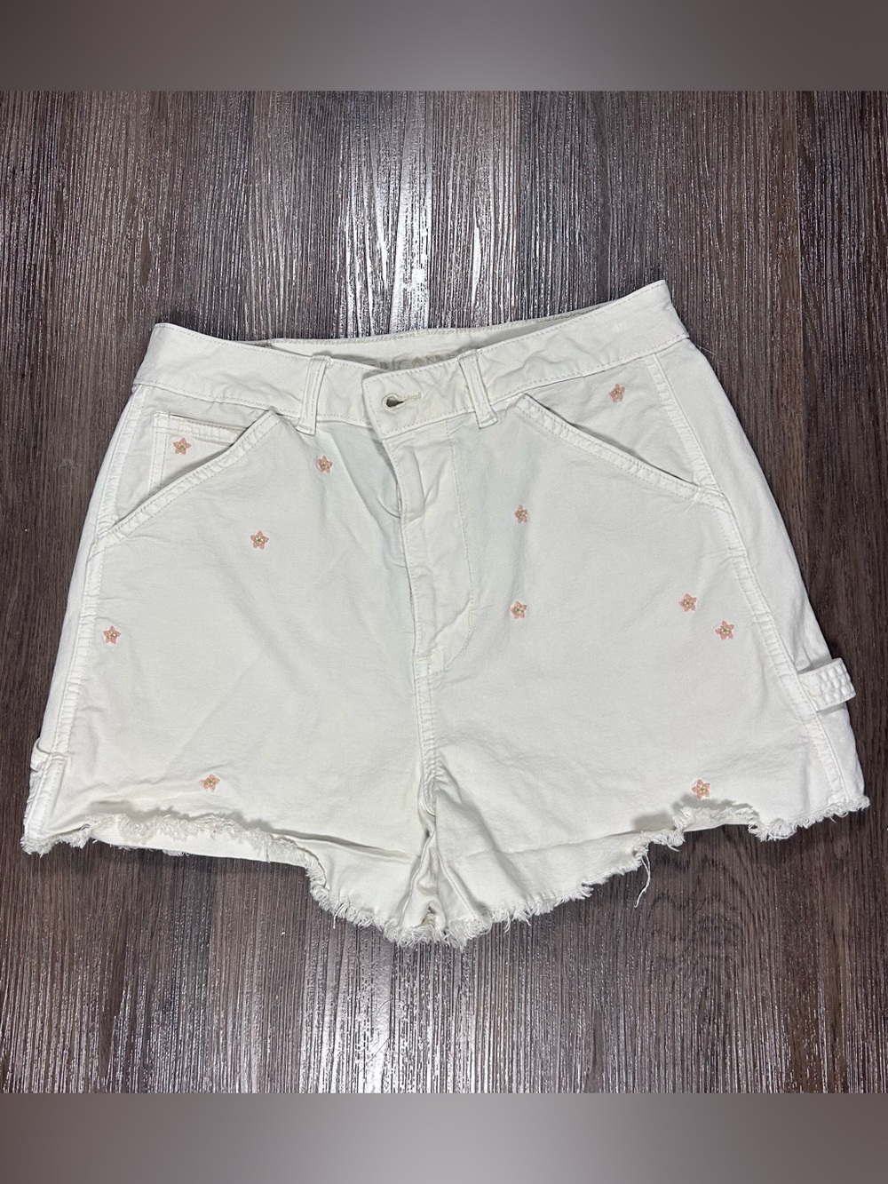 American Eagle Outfitters White Denim Shorts with Pink Floral Embroidery